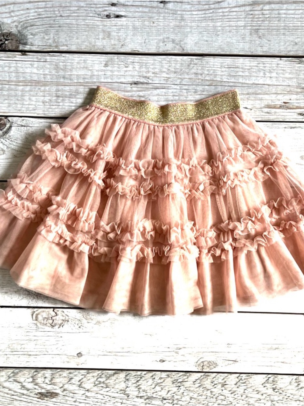 Mini Boden Peach-Pink Ruffle Tulle Skirt with Gold Waistband
